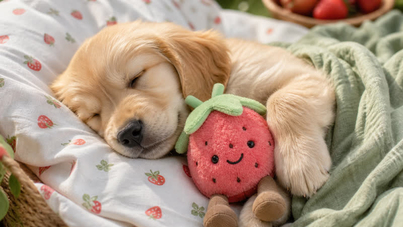 A golden retriever puppy asleep with a strawberry plush toy