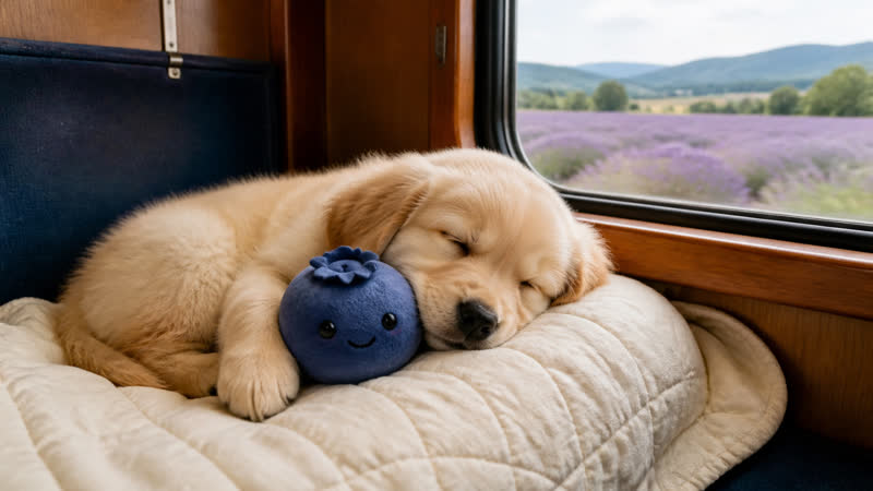 A puppy asleep by a train window holding a blueberry plush